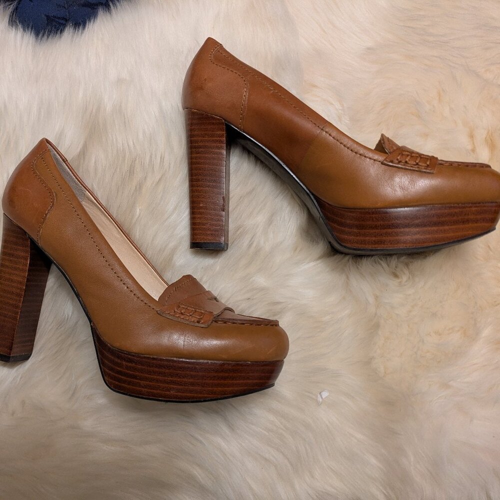 Marc Fisher Tan  Leather Platform Heel Penny Loafers